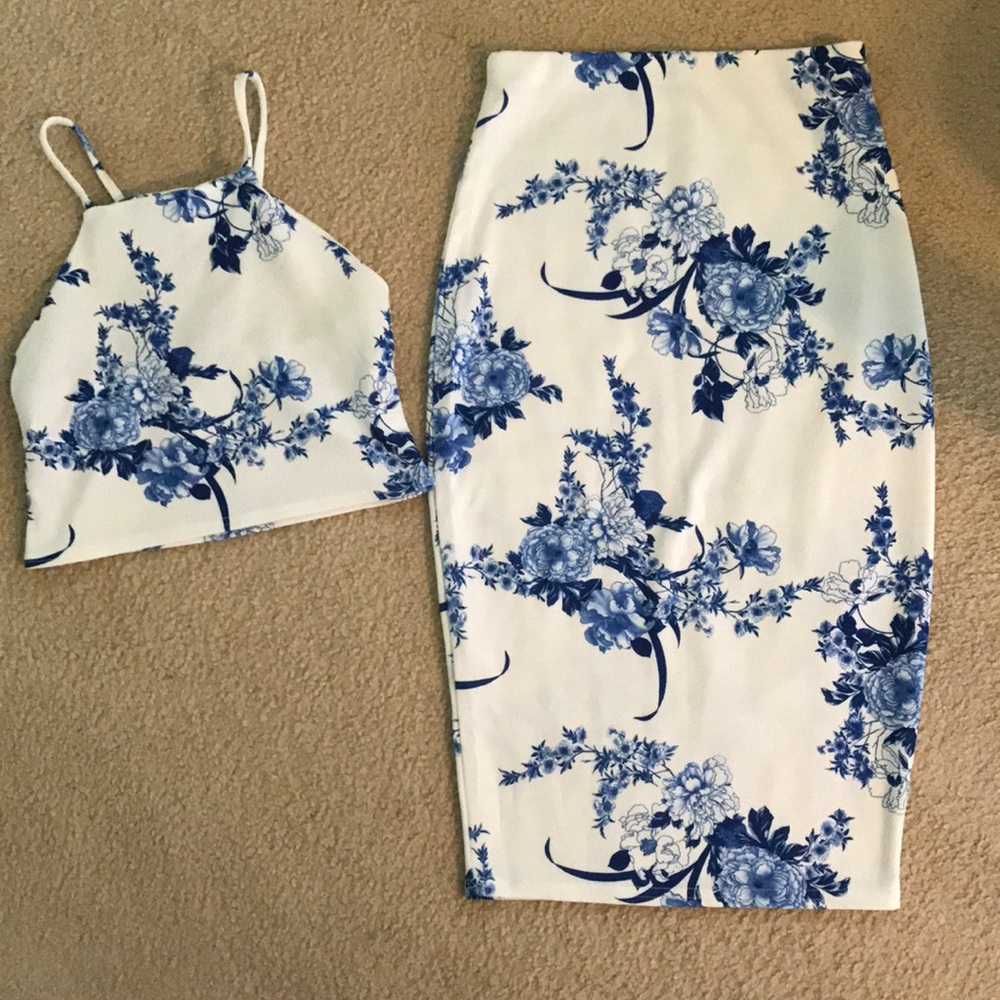 Blue/White Floral Two-Piece Midi Skirt & Crop Top